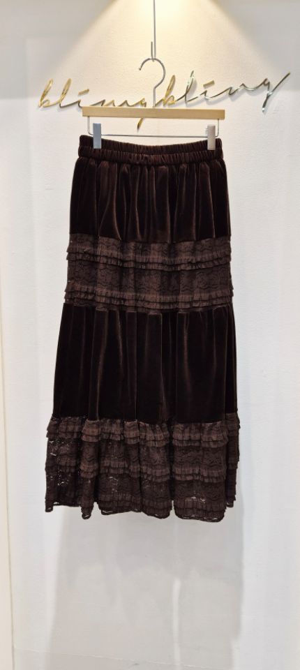 BLING BLING-S韓國代購㊣女裝新款25秋冬休閑長裙天鵝絨蕾絲BLING BLING-S長裙