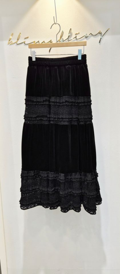 BLING BLING-S韓國代購㊣女裝新款25秋冬休閑長裙天鵝絨蕾絲BLING BLING-S長裙圖色2