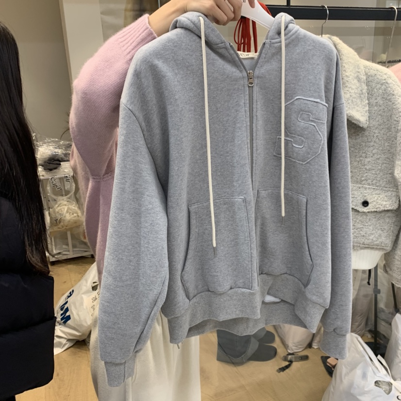 RUMIRU/AWEAR韓國直郵㊣女裝新款時尚夾克連帽拉鏈衫加絨刺繡awear/RUMIRU夾克圖色2