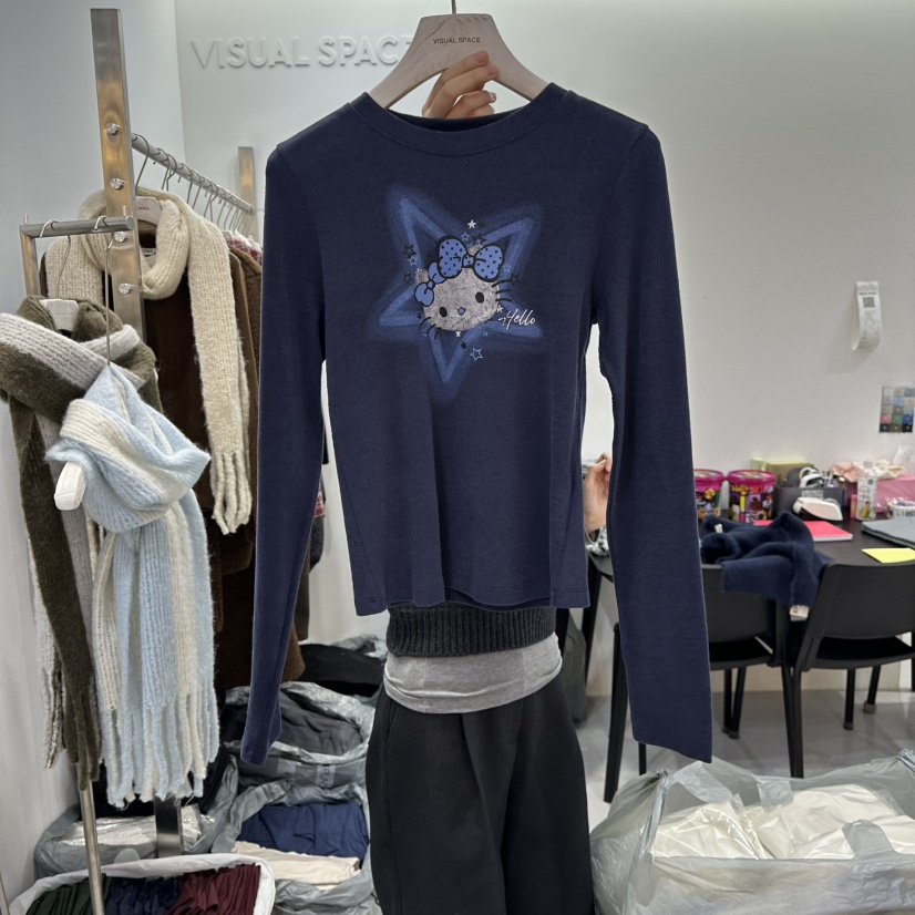 VISUAL SPACE東大門㊣代購女士新款人氣25秋冬長袖T恤加絨VISUAL SPACE長袖T恤圖色1