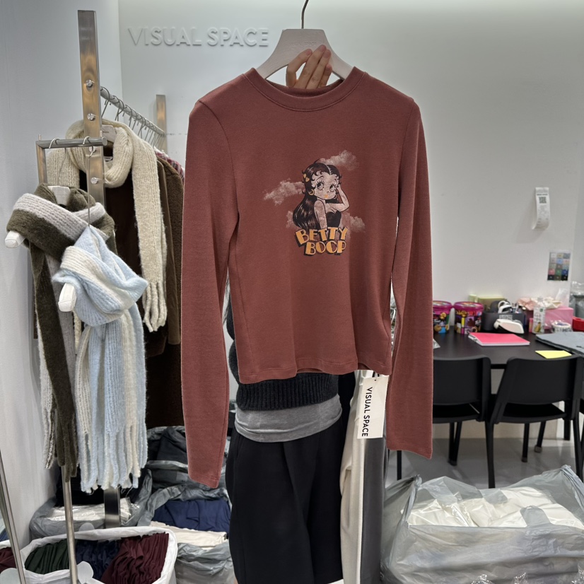 VISUAL SPACE韓國直郵㊣女士新款休閑熱賣真品長袖T恤加絨VISUAL SPACE長袖T恤圖色3