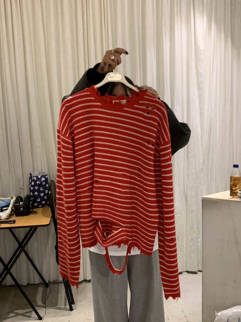 PAPERMOON韓國直郵㊣女士新款熱賣長袖T恤羊毛復古條紋鏤空paper moon長袖T恤圖色3