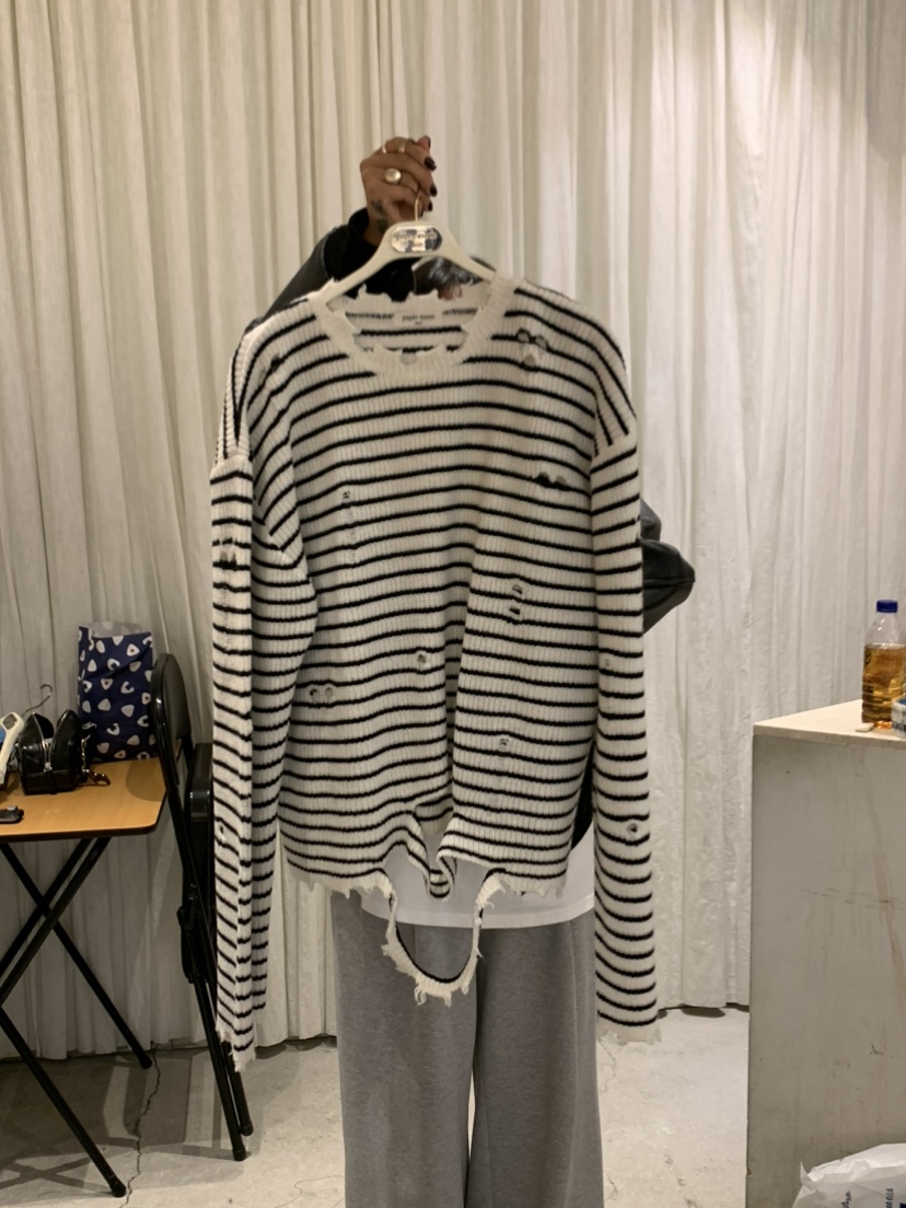 PAPERMOON韓國直郵㊣女士新款熱賣長袖T恤羊毛復古條紋鏤空paper moon長袖T恤圖色4