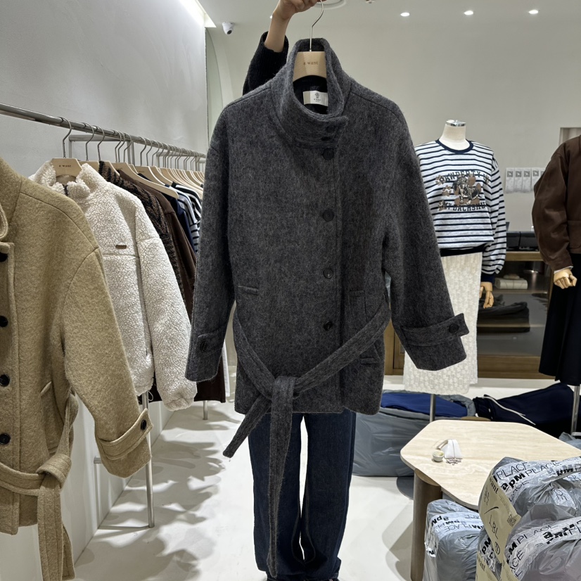 A WANT韓國代購㊣女士新品25秋冬職業短款大衣含腰帶羊毛高領A WANT短款大衣圖色2