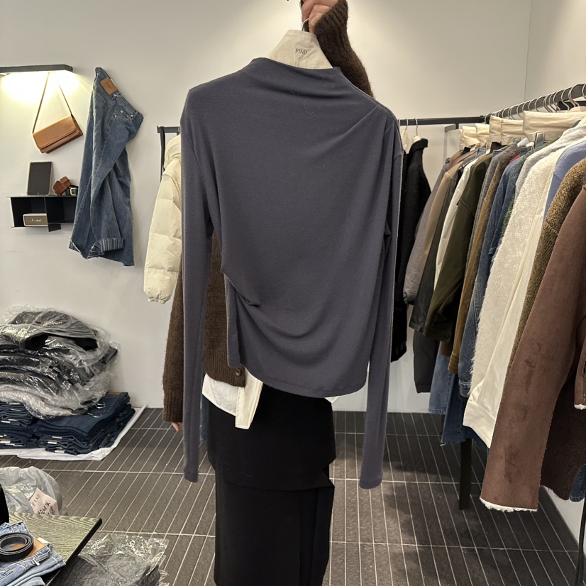 FIND-P東大門㊣直郵女裝新品人氣職業時尚推薦長袖T恤褶皺FIND-P長袖T恤圖色5墨色