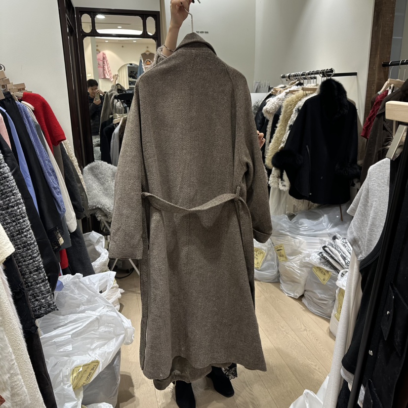 THEMORYPARK東大門㊣實拍女士新品人氣中長款大衣人字形含腰帶THE MORY PARK中長款大衣