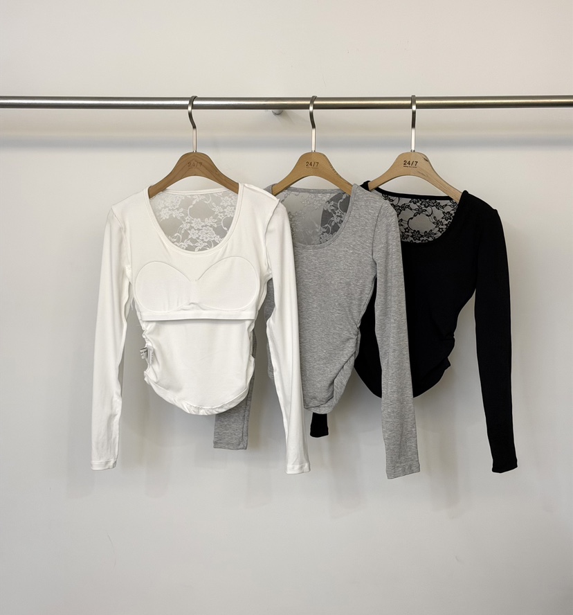 TWENTY FOUR SEVEN24-7韓國代購㊣女裝新品職業長袖T恤蕾絲褶皺TEWNTY FOUR SEVEN24-7長袖T恤
