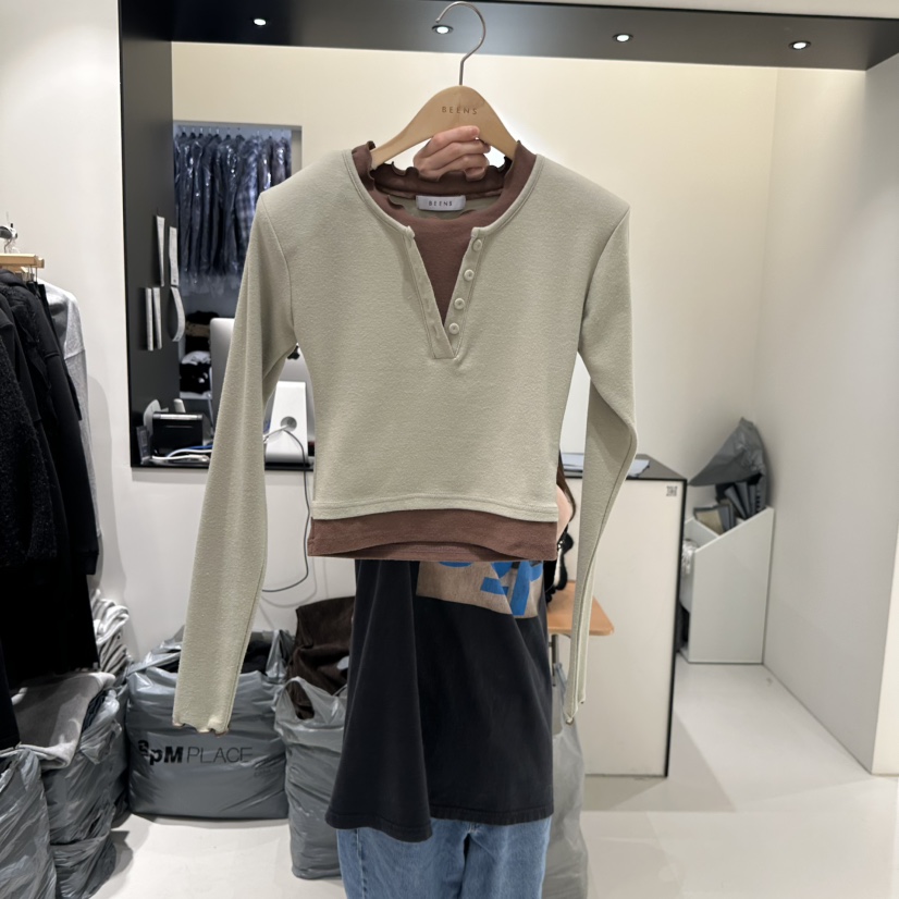 BEENS韓國代購㊣女士新款人氣時尚推薦25秋冬長袖T恤假兩件BEENS長袖T恤圖色1