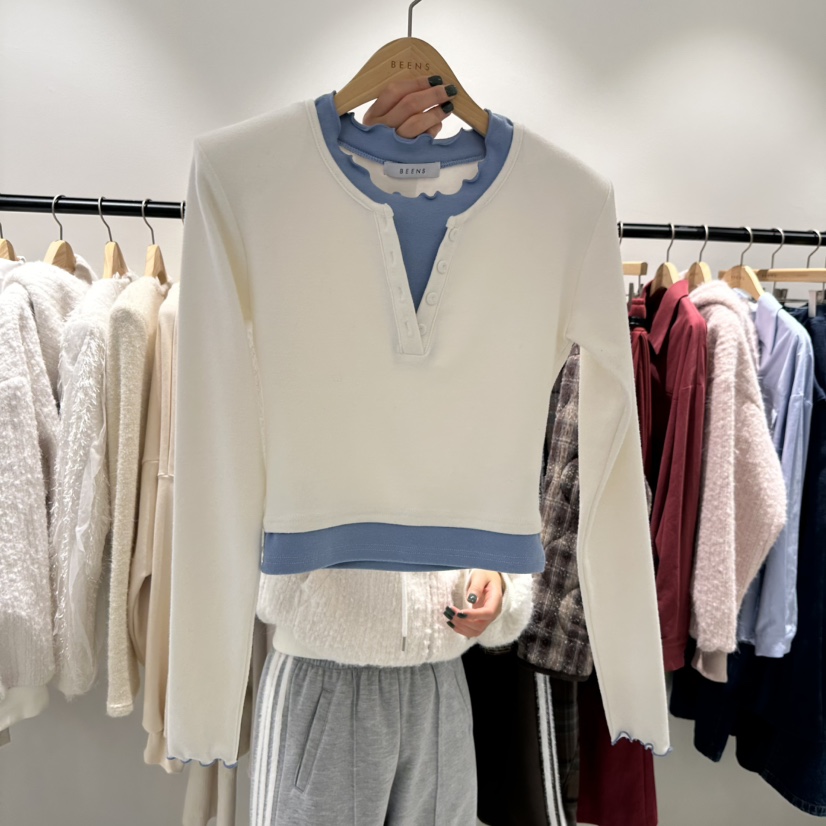 BEENS韓國代購㊣女士新款人氣時尚推薦25秋冬長袖T恤假兩件BEENS長袖T恤圖色3
