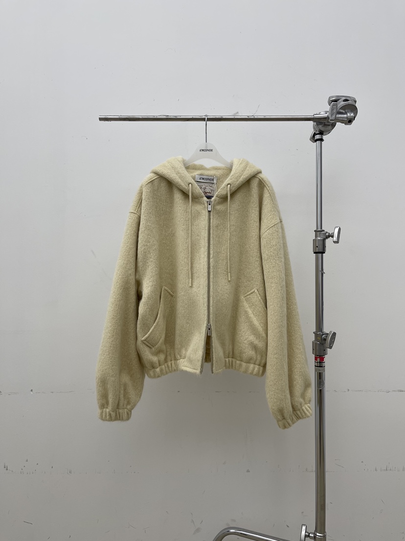 ATMOSPHERE韓國代購㊣女士新款休閑人氣夾克連帽拉鏈衫羊駝毛ATMOSPHERE/BLING夾克圖色1