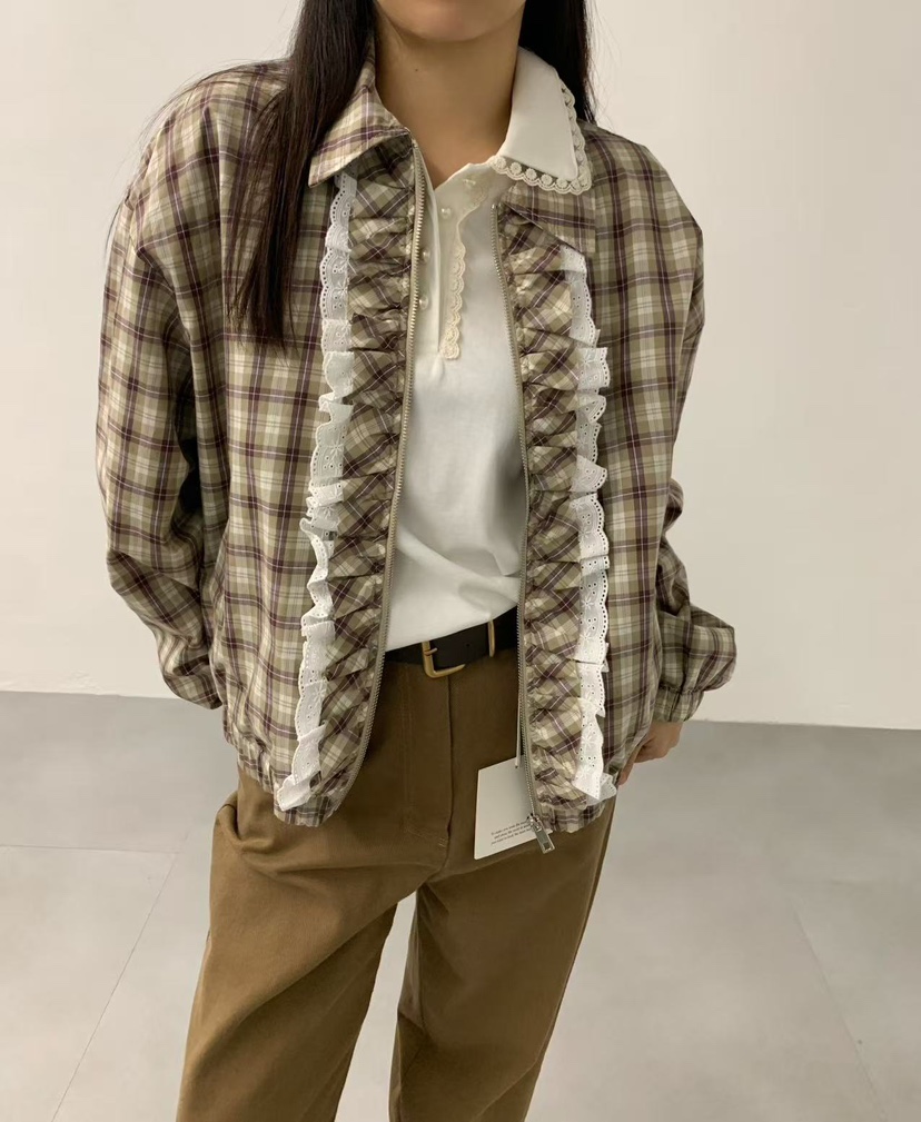 J CRANE-A東大門㊣實拍女裝新品人氣25秋冬夾克荷葉邊格紋J CRANE夾克