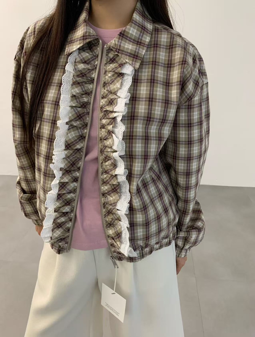 J CRANE-A東大門㊣實拍女裝新品人氣25秋冬夾克荷葉邊格紋J CRANE夾克