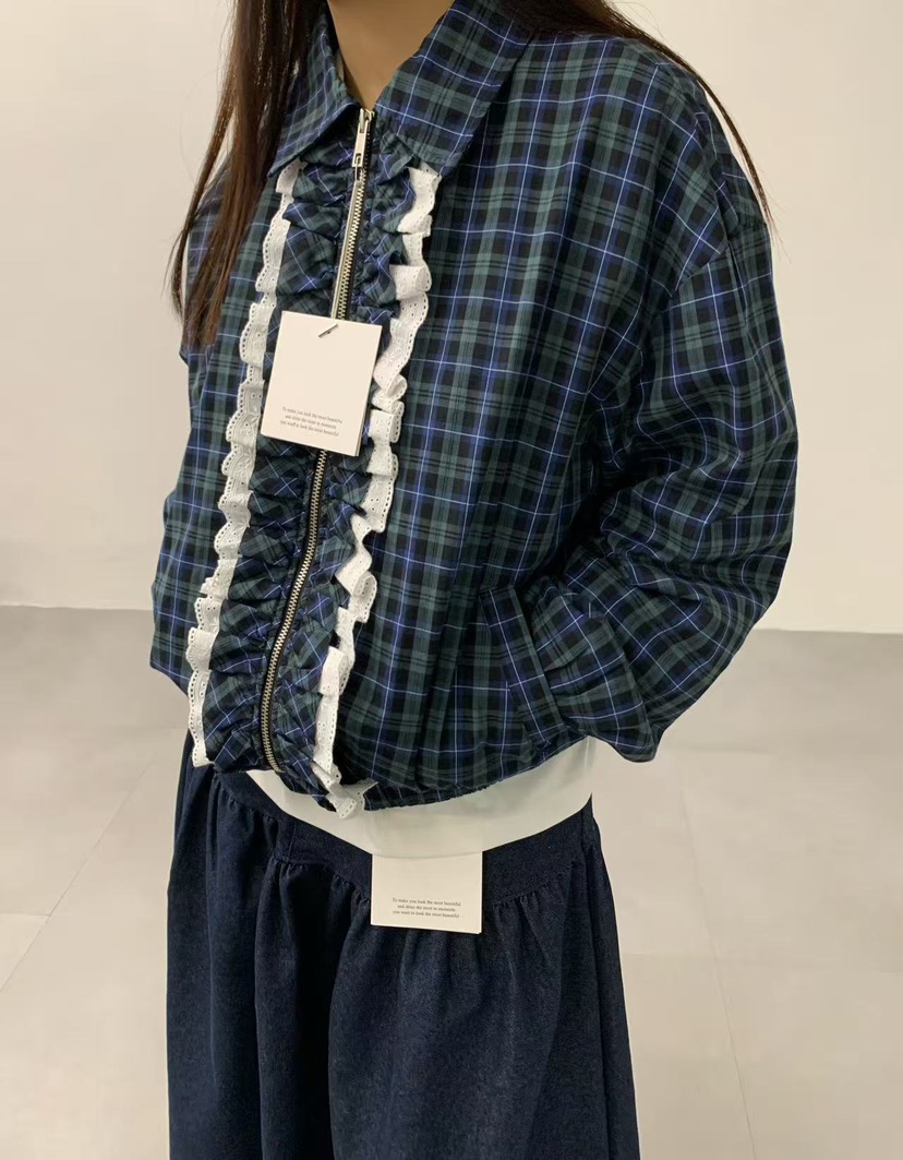 J CRANE-A東大門㊣實拍女裝新品人氣25秋冬夾克荷葉邊格紋J CRANE夾克