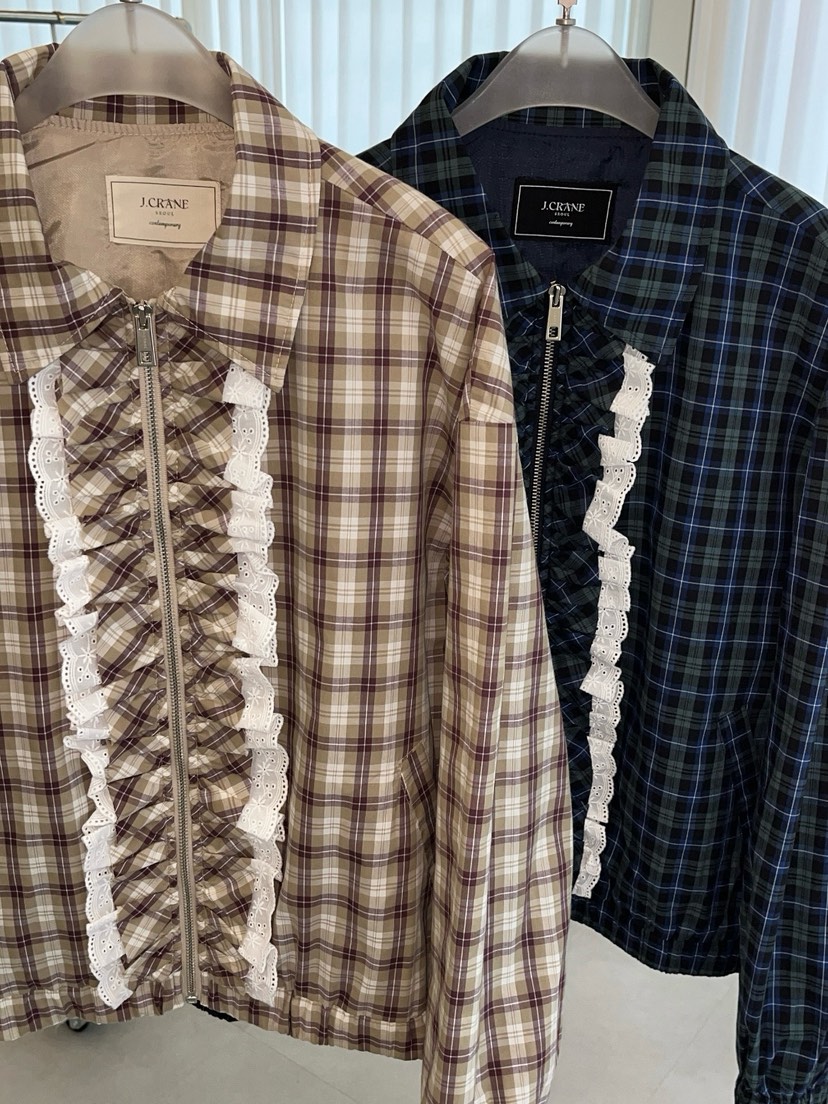 J CRANE-A東大門㊣實拍女裝新品人氣25秋冬夾克荷葉邊格紋J CRANE夾克