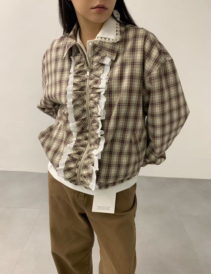 J CRANE-A東大門㊣實拍女裝新品人氣25秋冬夾克荷葉邊格紋J CRANE夾克圖色1