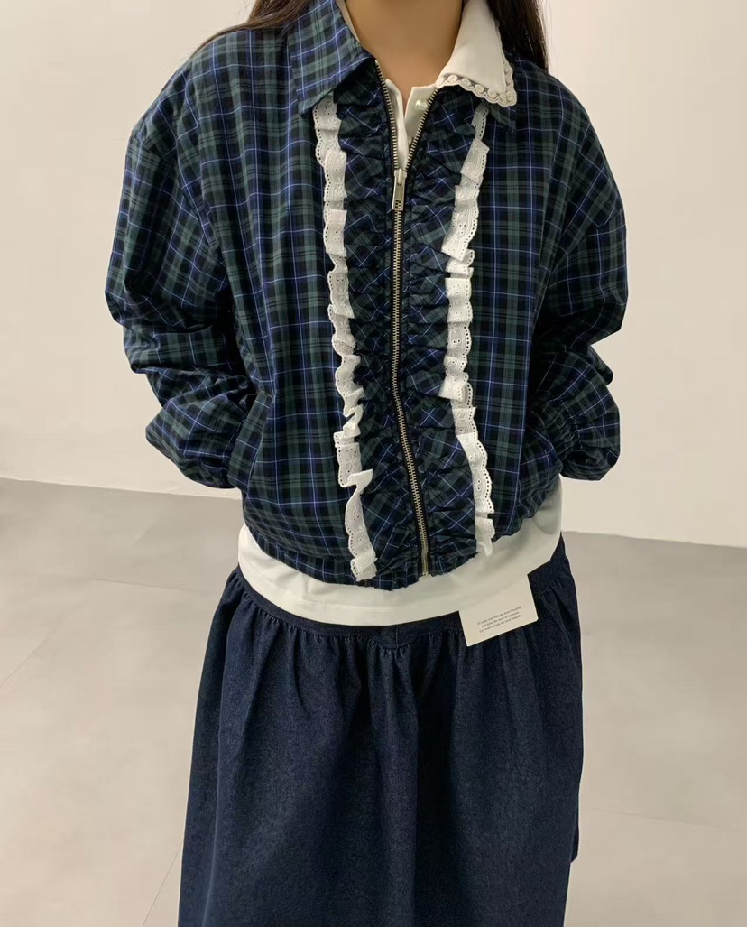 J CRANE-A東大門㊣實拍女裝新品人氣25秋冬夾克荷葉邊格紋J CRANE夾克圖色2