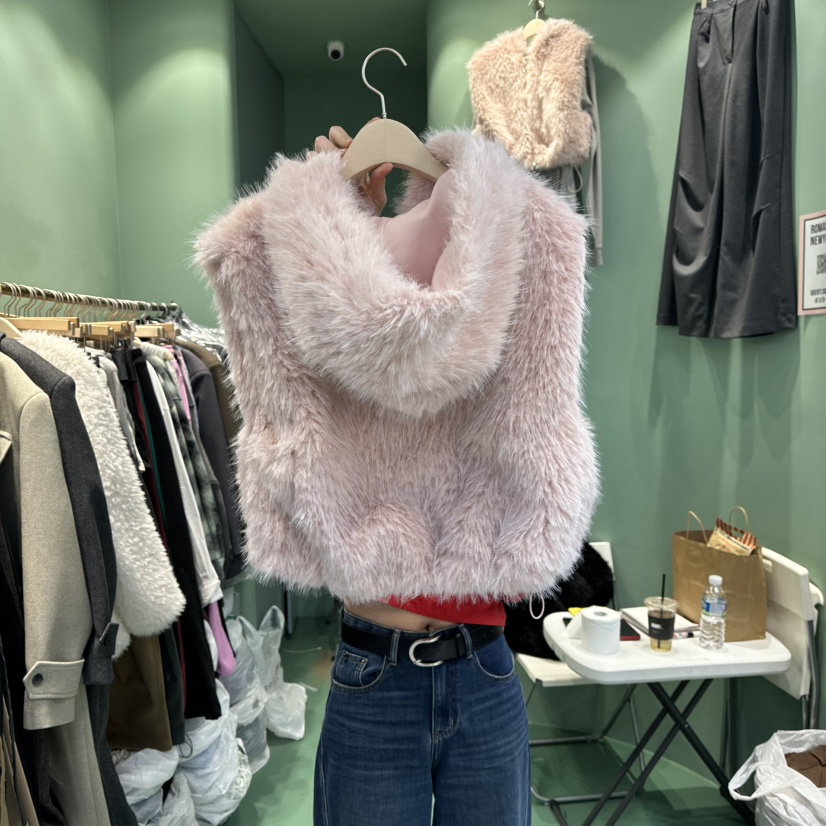 ROMANTIC NEWYORK東大門㊣直郵女士新款25秋冬馬甲毛皮連帽ROMANTIC NEWYORK馬甲