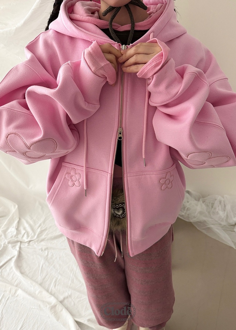CLODE東大門㊣代購女士新品人氣熱賣25秋冬夾克連帽拉鏈衫花朵CLODE夾克圖色1