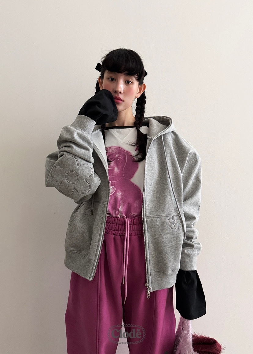 CLODE東大門㊣代購女士新品人氣熱賣25秋冬夾克連帽拉鏈衫花朵CLODE夾克圖色2