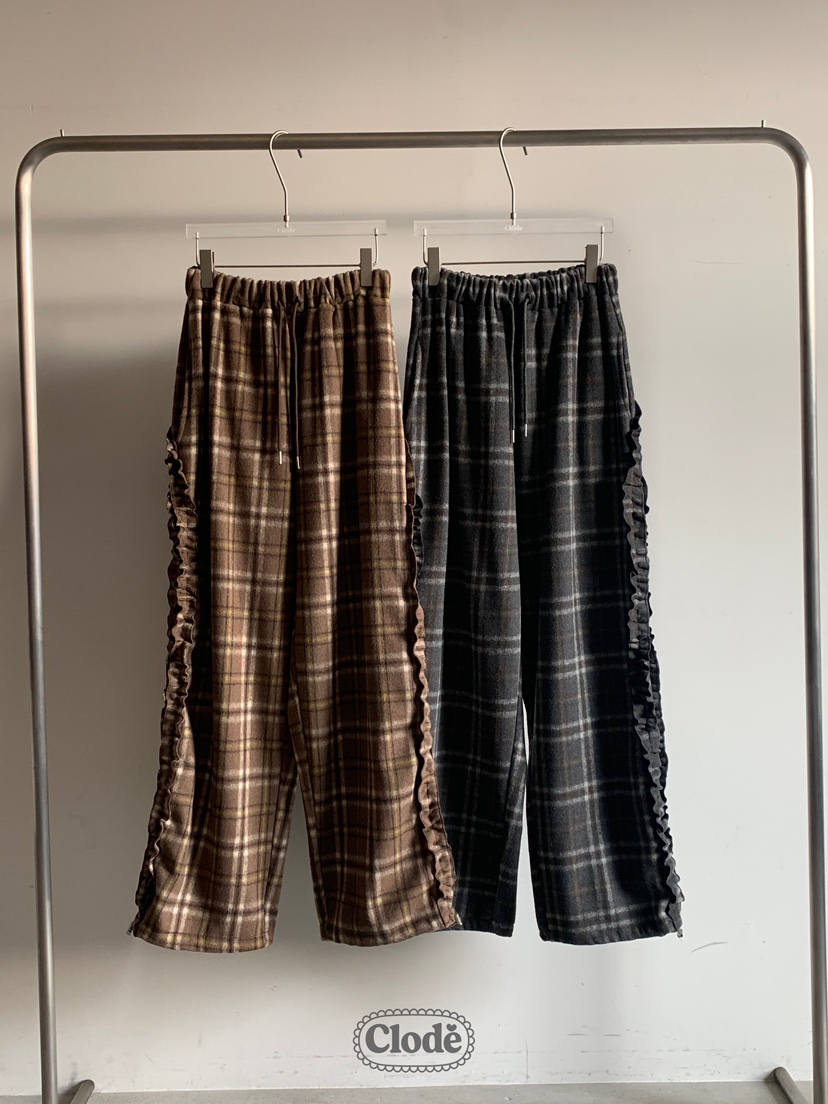 CLODE東大門㊣代購女士新品職業推薦25秋冬休閑褲荷葉邊羊毛格紋CLODE休閑褲