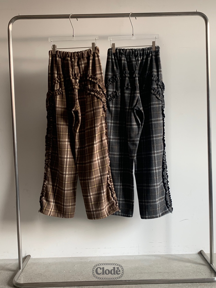 CLODE東大門㊣代購女士新品職業推薦25秋冬休閑褲荷葉邊羊毛格紋CLODE休閑褲