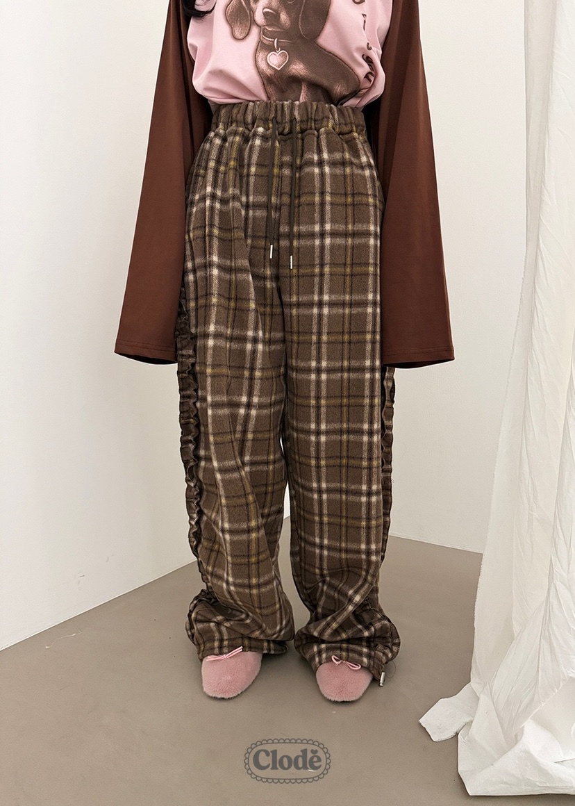 CLODE東大門㊣代購女士新品職業推薦25秋冬休閑褲荷葉邊羊毛格紋CLODE休閑褲