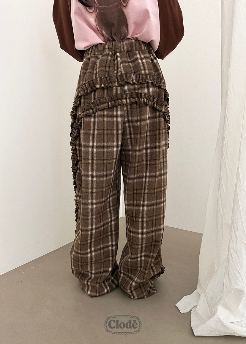 CLODE東大門㊣代購女士新品職業推薦25秋冬休閑褲荷葉邊羊毛格紋CLODE休閑褲