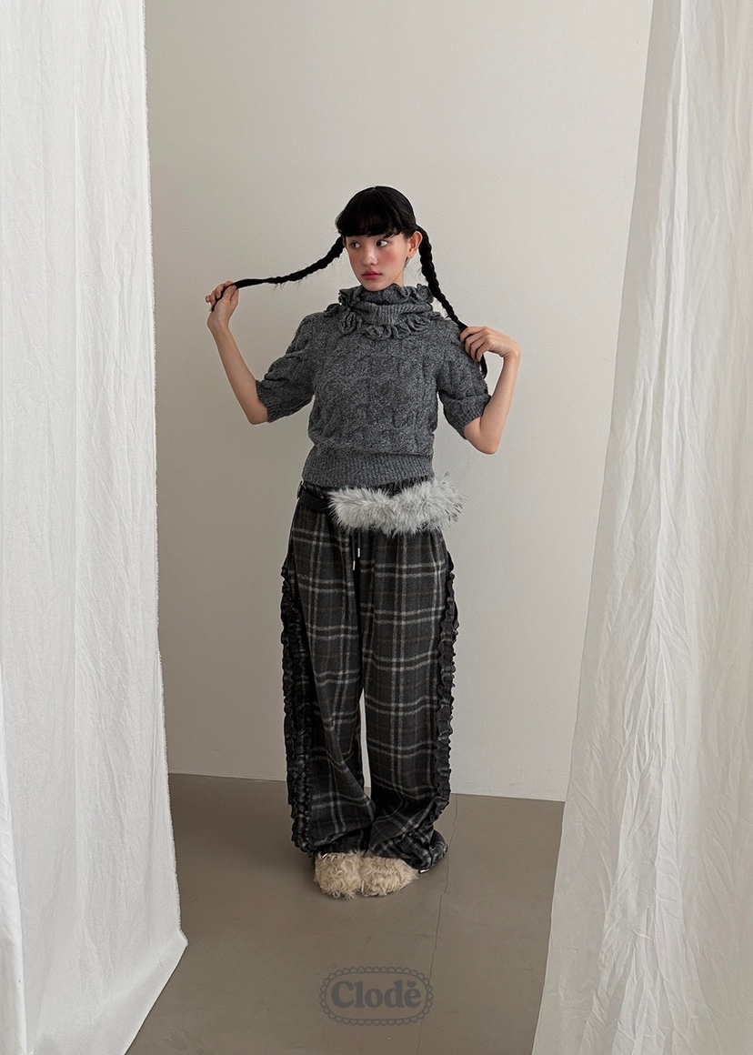 CLODE東大門㊣代購女士新品職業推薦25秋冬休閑褲荷葉邊羊毛格紋CLODE休閑褲