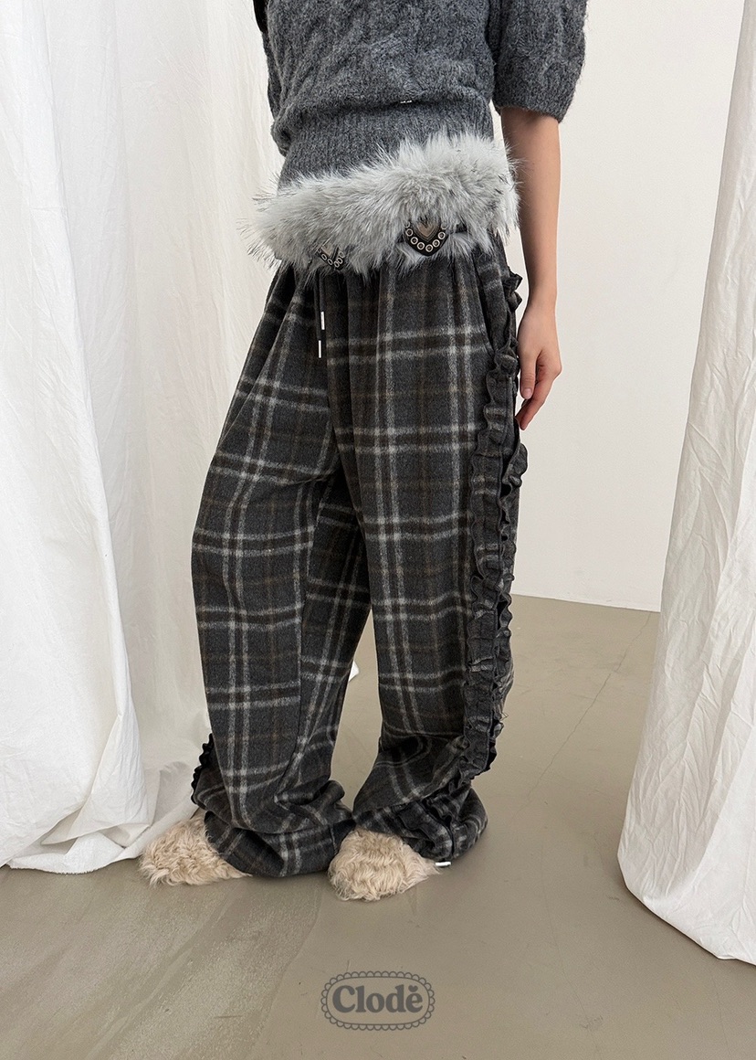 CLODE東大門㊣代購女士新品職業推薦25秋冬休閑褲荷葉邊羊毛格紋CLODE休閑褲