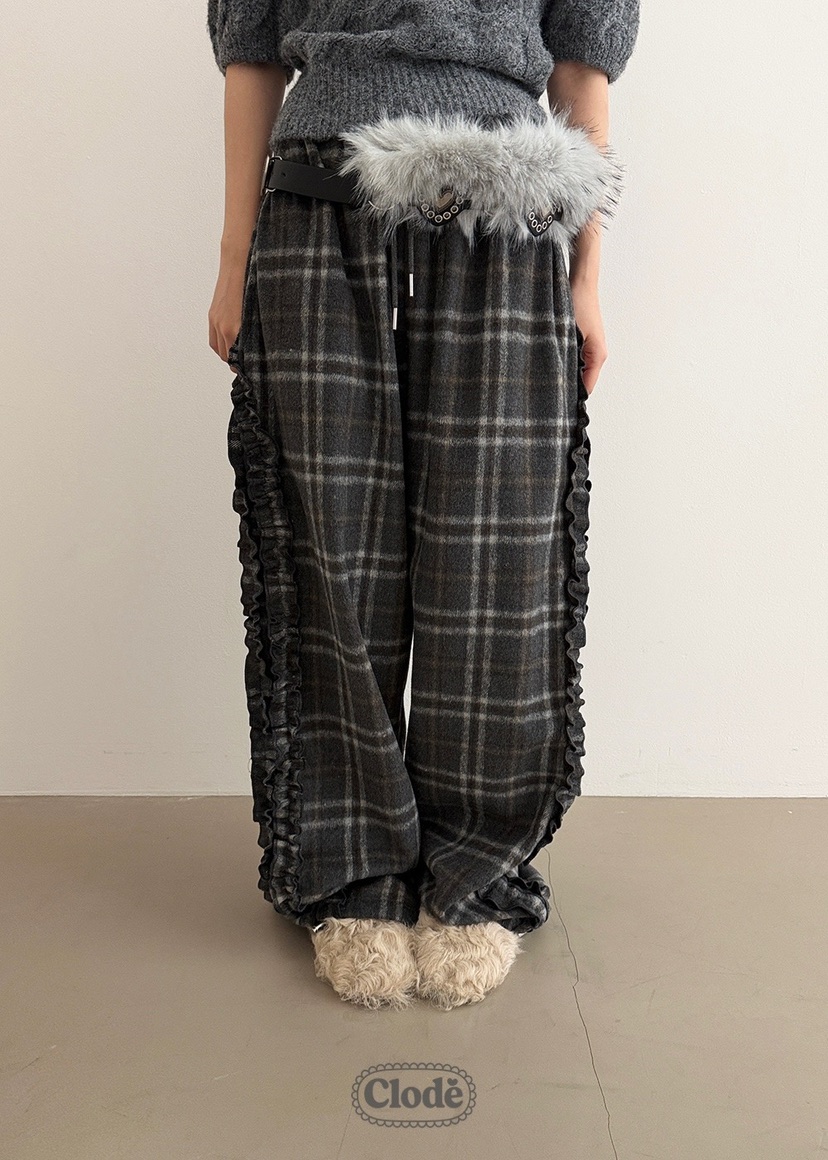 CLODE東大門㊣代購女士新品職業推薦25秋冬休閑褲荷葉邊羊毛格紋CLODE休閑褲