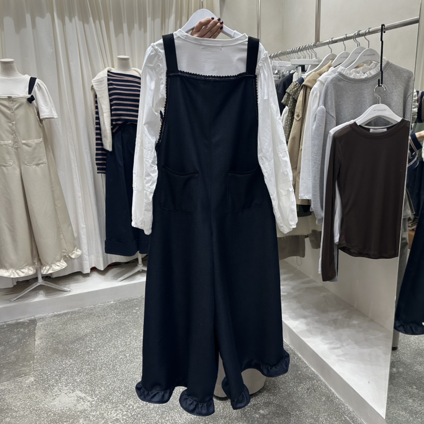 AFTERNOON韓國直郵㊣女裝新品熱賣休閑背帶褲不含內搭荷葉邊AFTERNOON背帶褲