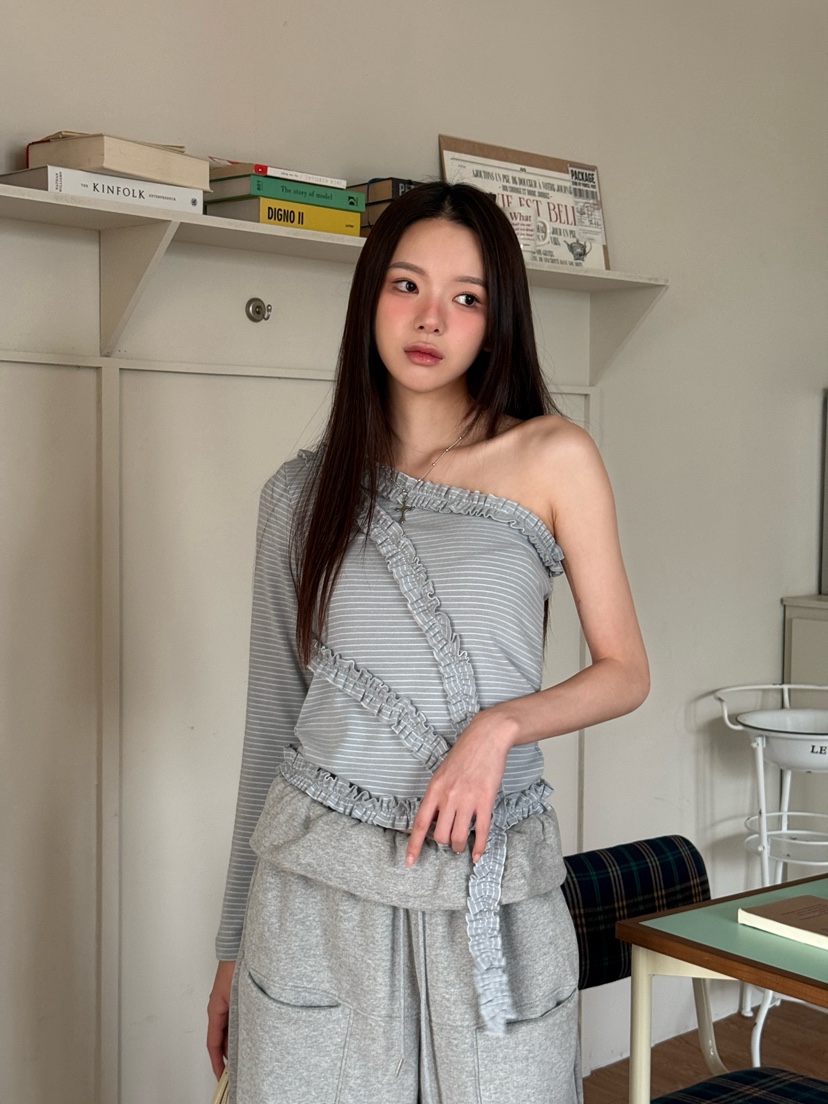 MARKE-P東大門㊣直郵女裝新款休閑職業長袖T恤安哥拉羊毛條紋MARKE-P長袖T恤圖色1