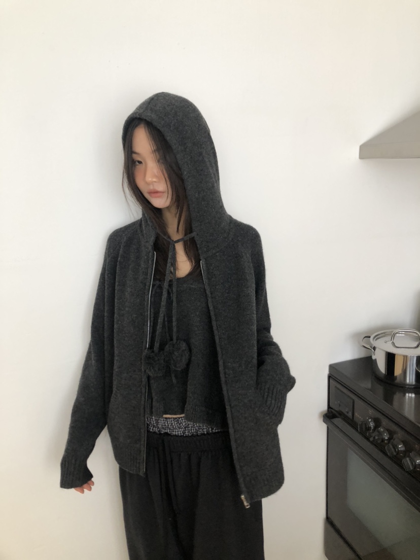 FLASH東大門㊣代購女士新品25秋冬推薦職業針織衫連帽拉鏈衫FLASH針織衫