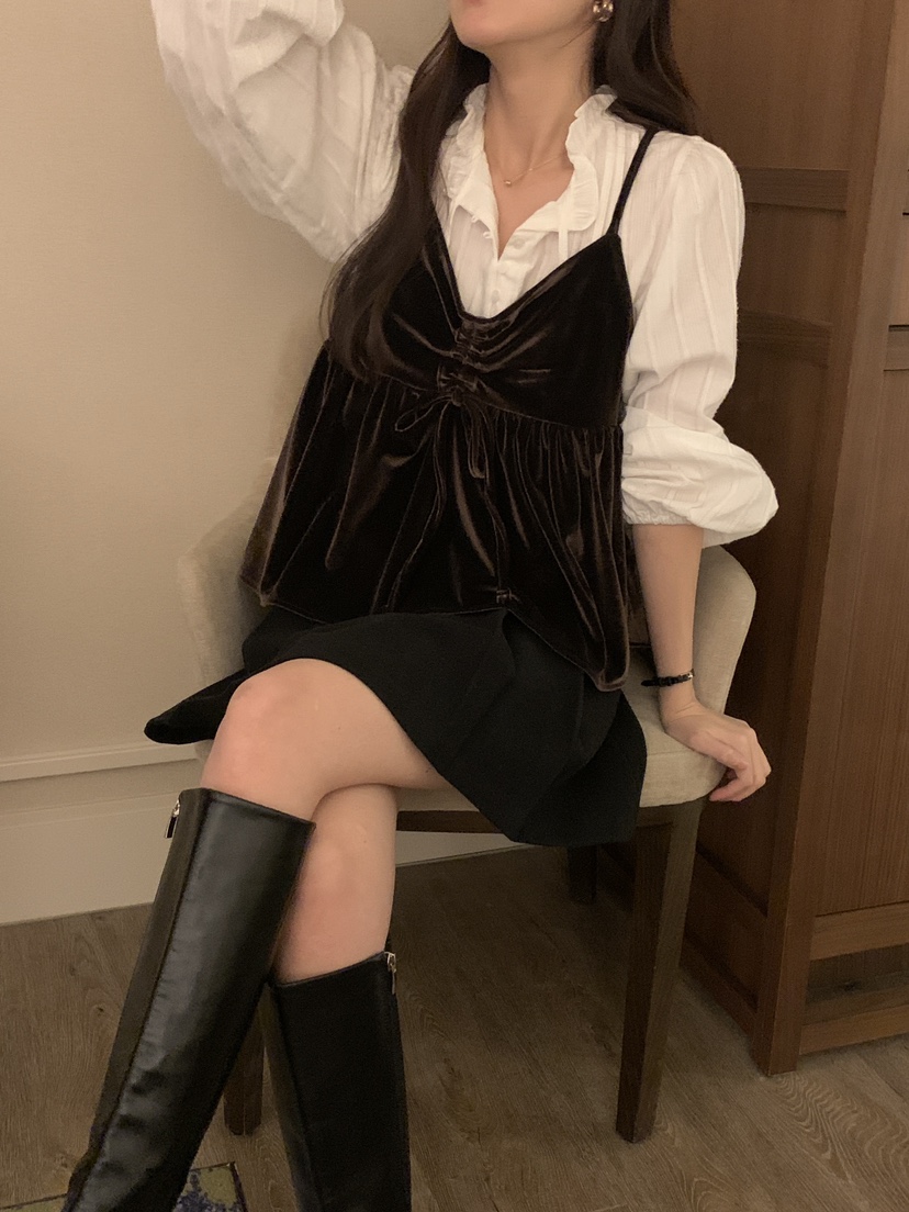 FRILL-T韓國代購㊣女裝新品時尚職業吊帶背心不含內搭天鵝絨FRILL-T吊帶/背心