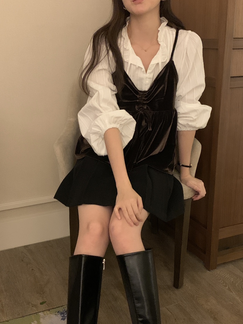 FRILL-T韓國代購㊣女裝新品時尚職業吊帶背心不含內搭天鵝絨FRILL-T吊帶/背心