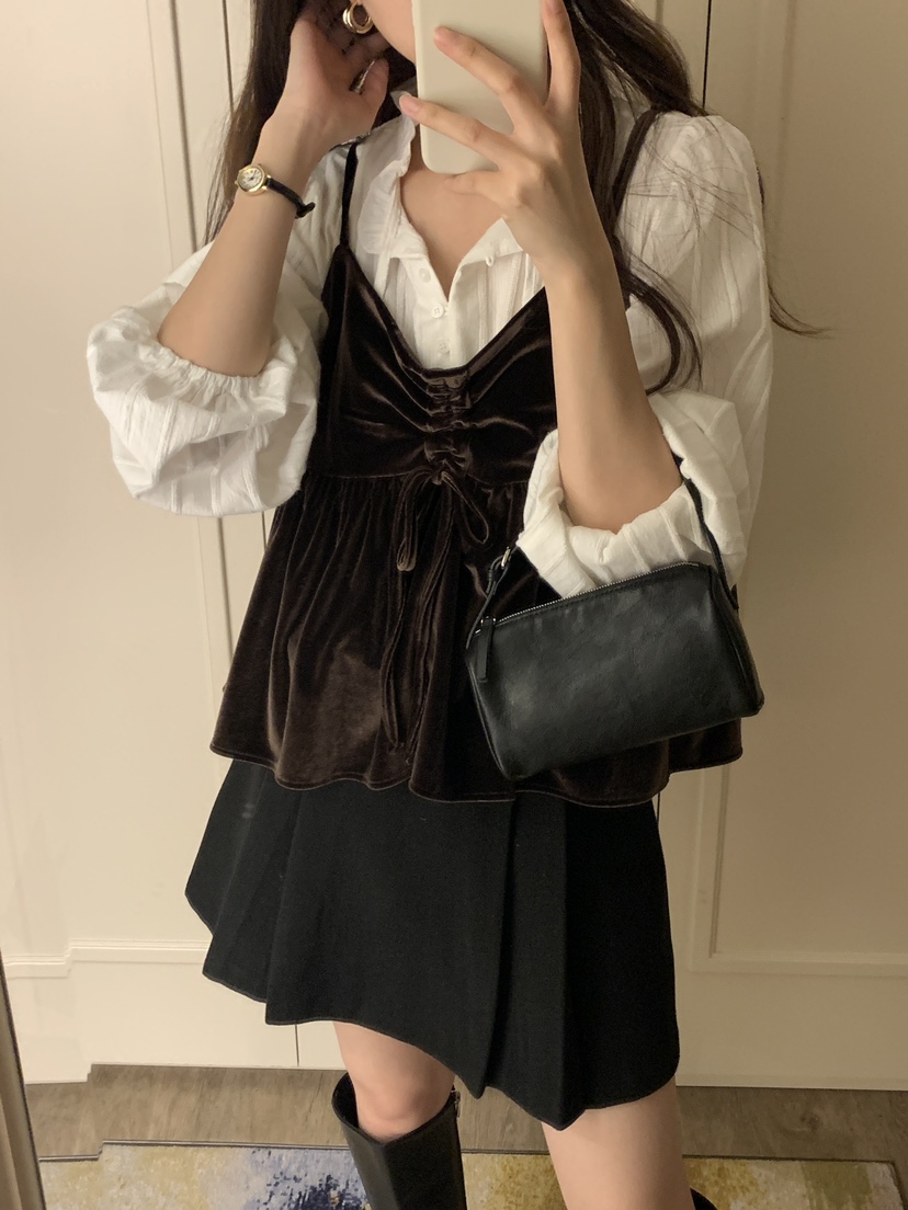 FRILL-T韓國代購㊣女裝新品時尚職業吊帶背心不含內搭天鵝絨FRILL-T吊帶/背心