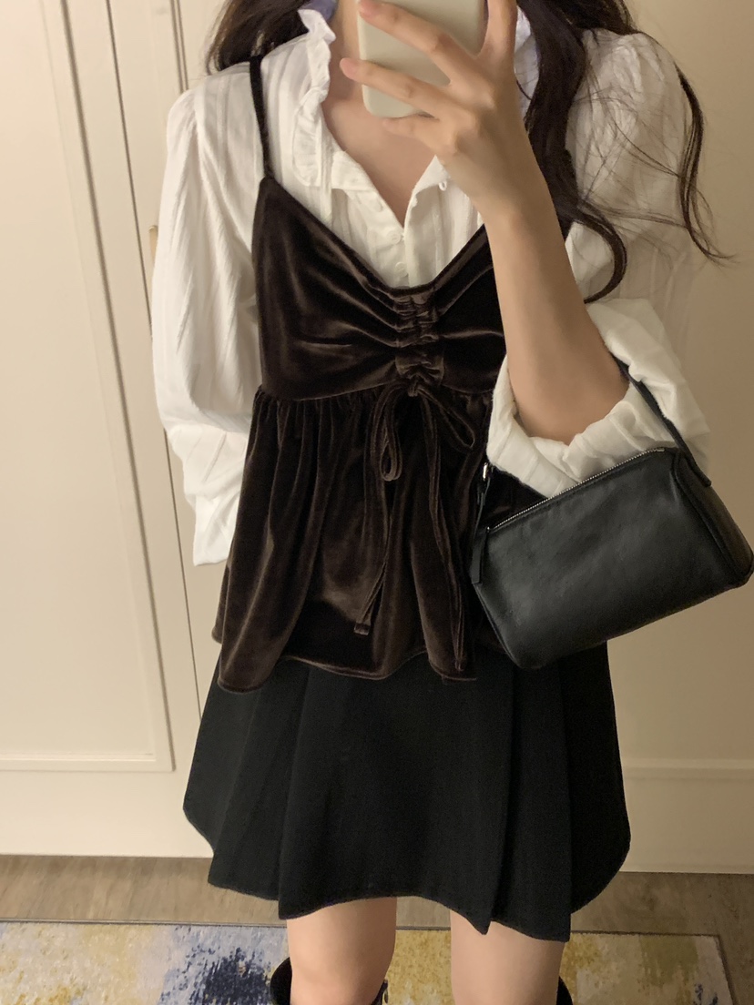 FRILL-T韓國代購㊣女裝新品時尚職業吊帶背心不含內搭天鵝絨FRILL-T吊帶/背心