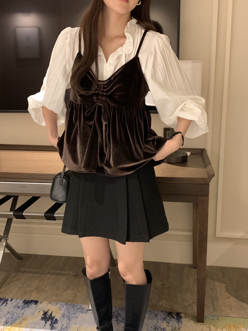 FRILL-T韓國代購㊣女裝新品時尚職業吊帶背心不含內搭天鵝絨FRILL-T吊帶/背心