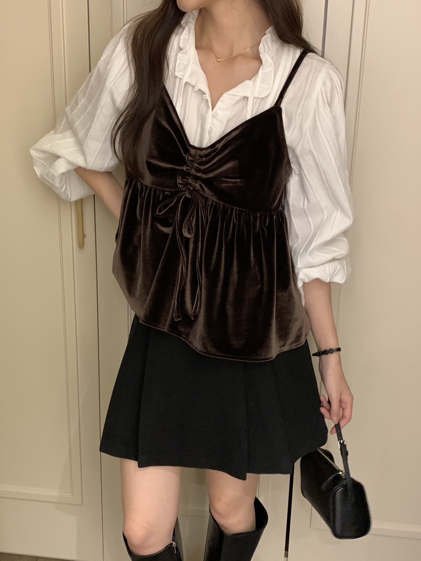 FRILL-T韓國代購㊣女裝新品時尚職業吊帶背心不含內搭天鵝絨FRILL-T吊帶/背心