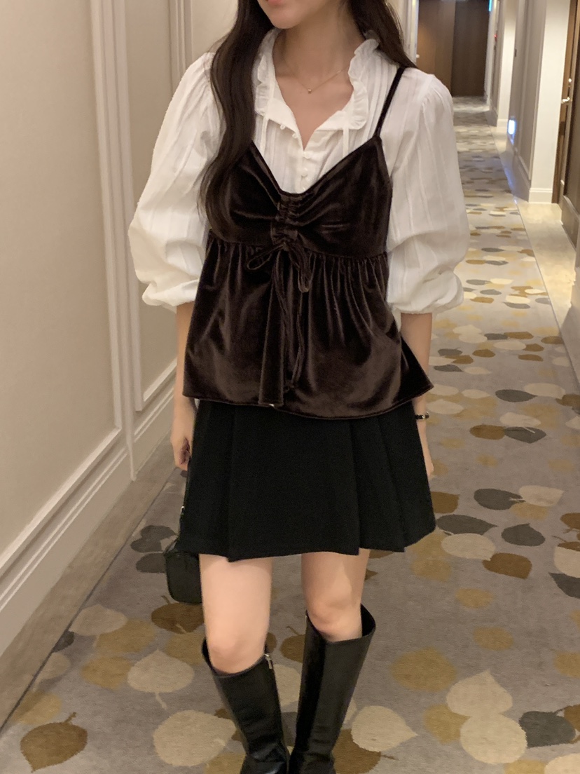 FRILL-T韓國代購㊣女裝新品時尚職業吊帶背心不含內搭天鵝絨FRILL-T吊帶/背心