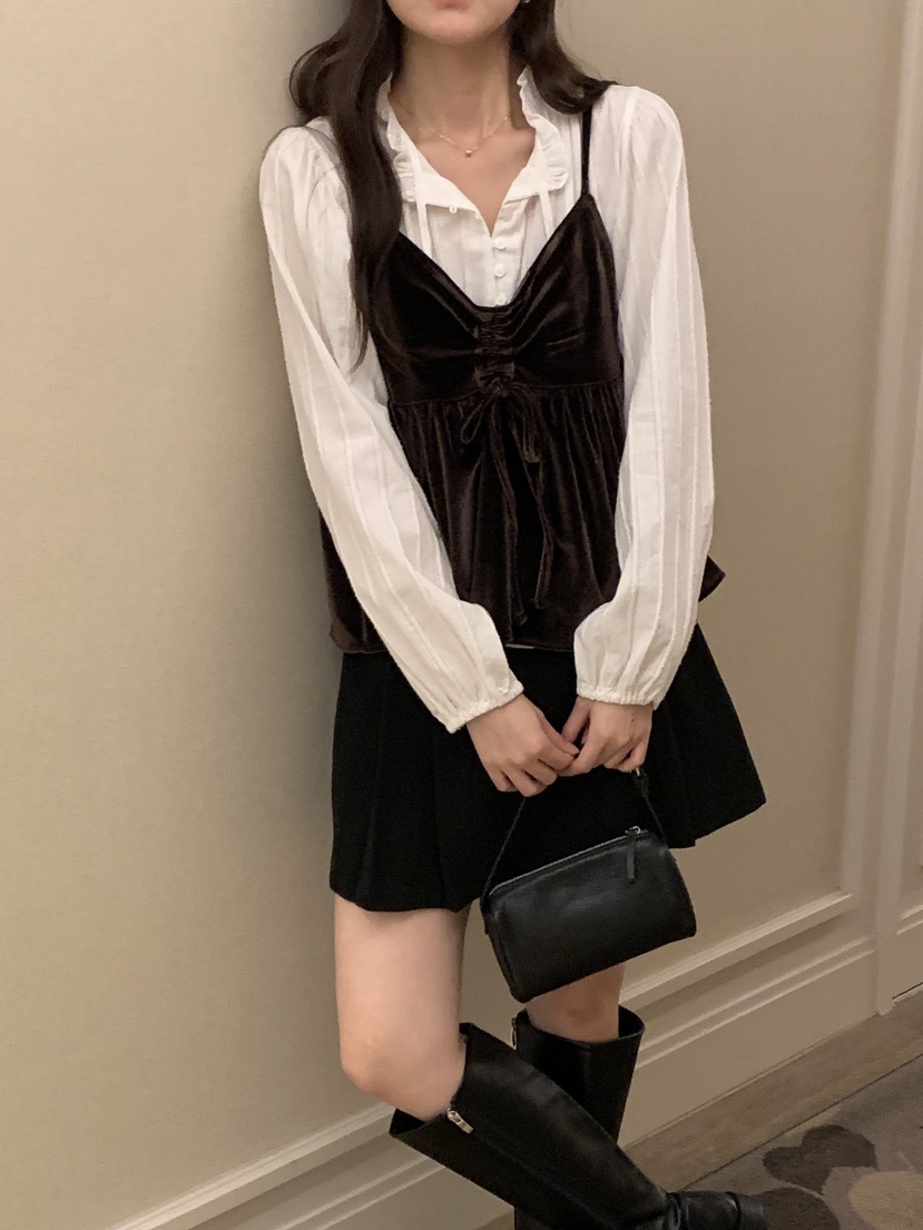 FRILL-T韓國代購㊣女裝新品時尚職業吊帶背心不含內搭天鵝絨FRILL-T吊帶/背心