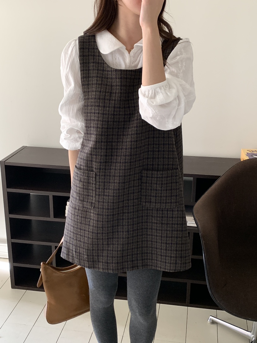 FRILL-T東大門㊣實拍女裝新款職業推薦連衣裙不含內搭格子FRILL-T連衣裙