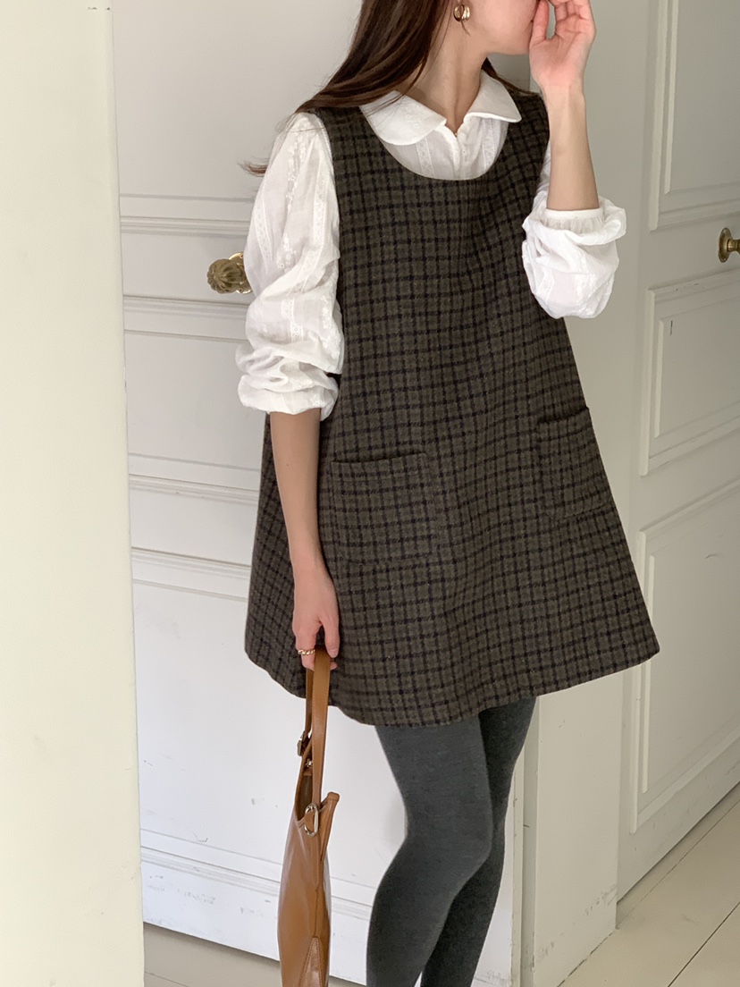 FRILL-T東大門㊣實拍女裝新款職業推薦連衣裙不含內搭格子FRILL-T連衣裙