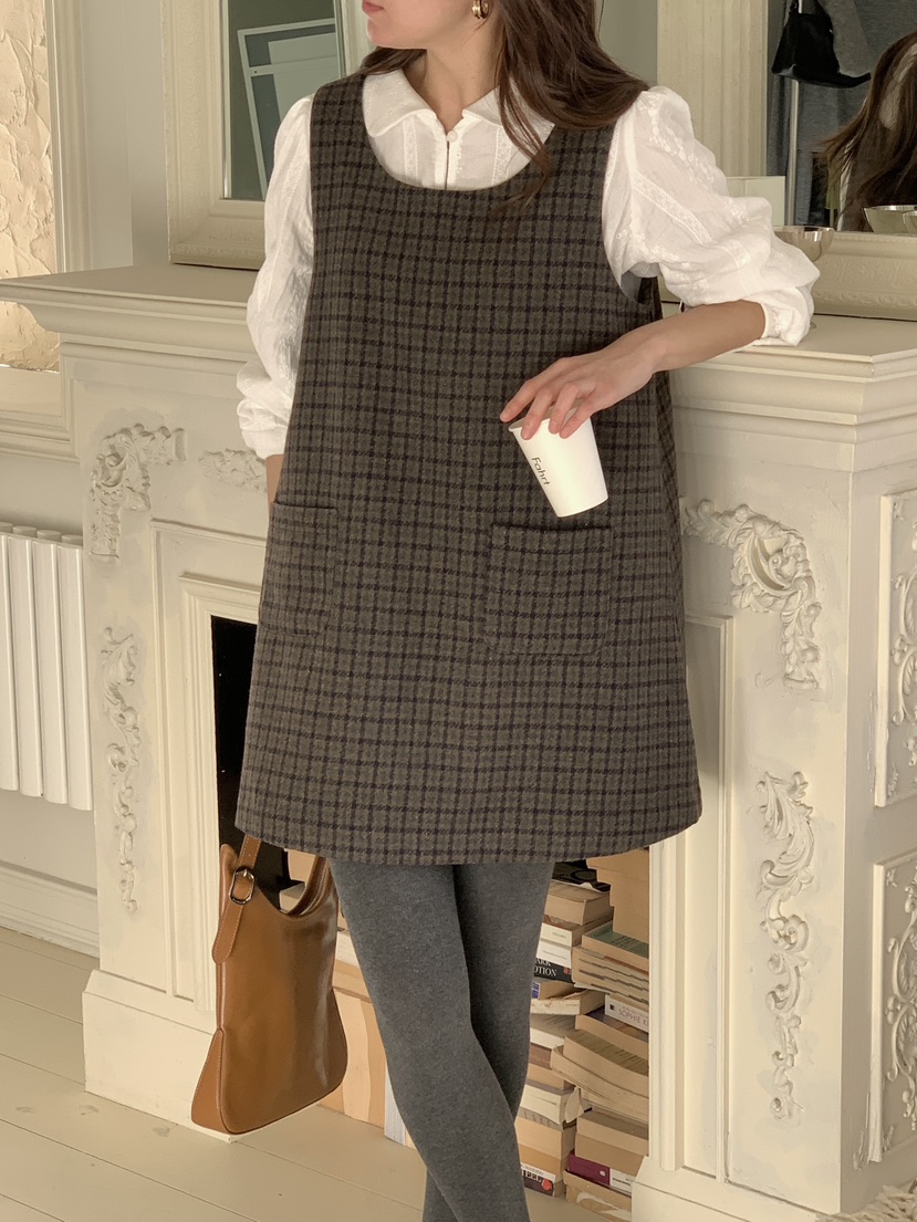 FRILL-T東大門㊣實拍女裝新款職業推薦連衣裙不含內搭格子FRILL-T連衣裙