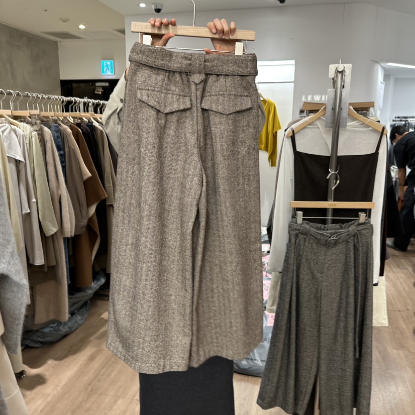 LEWIN東大門㊣直郵女裝新品職業時尚休閑褲人字紋含腰帶闊腿褲LEWIN休閑褲