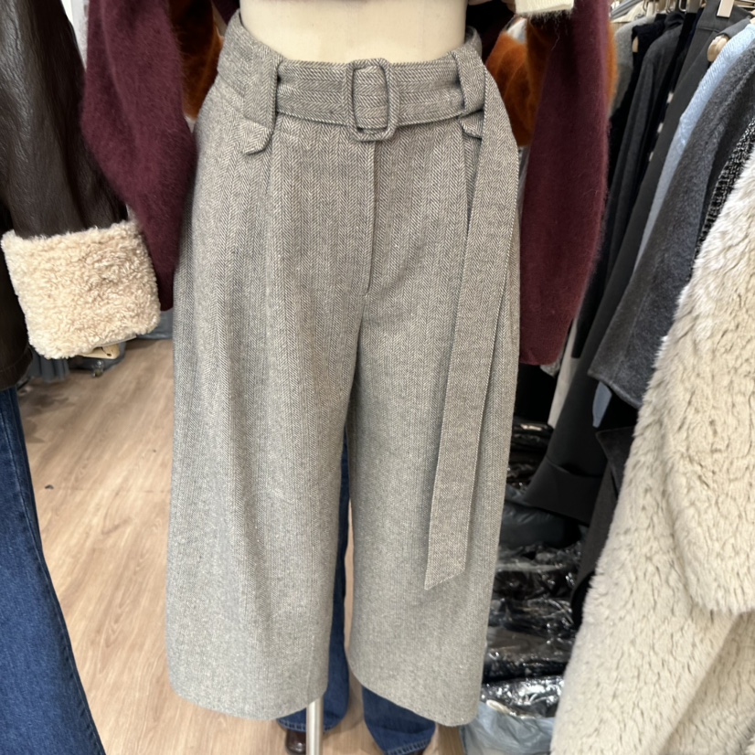 LEWIN東大門㊣直郵女裝新品職業時尚休閑褲人字紋含腰帶闊腿褲LEWIN休閑褲圖色3灰色
