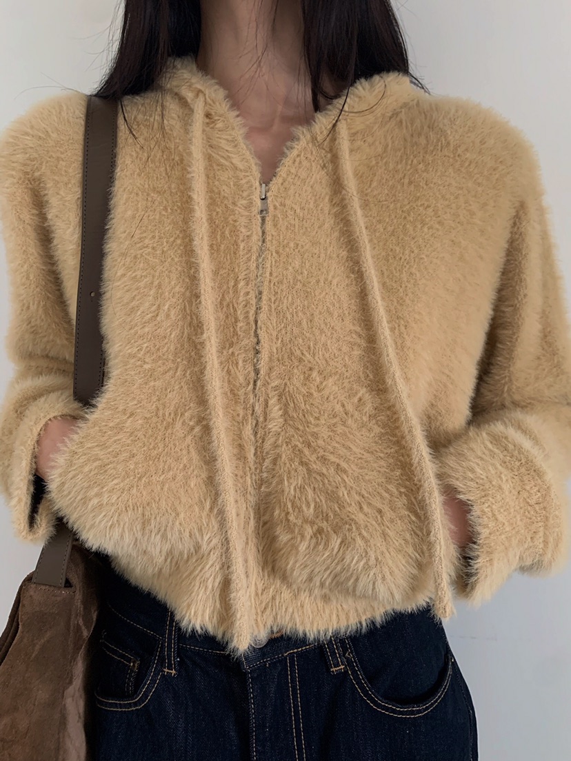 VERANDA韓國直郵㊣女士新品熱賣25秋冬針織衫連帽拉鏈衫貂皮VERANDA針織衫