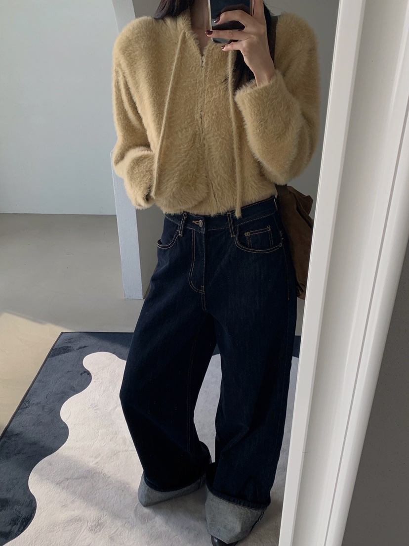 VERANDA韓國直郵㊣女士新品熱賣25秋冬針織衫連帽拉鏈衫貂皮VERANDA針織衫