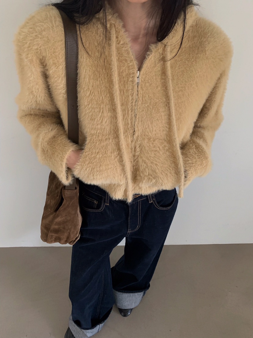 VERANDA韓國直郵㊣女士新品熱賣25秋冬針織衫連帽拉鏈衫貂皮VERANDA針織衫