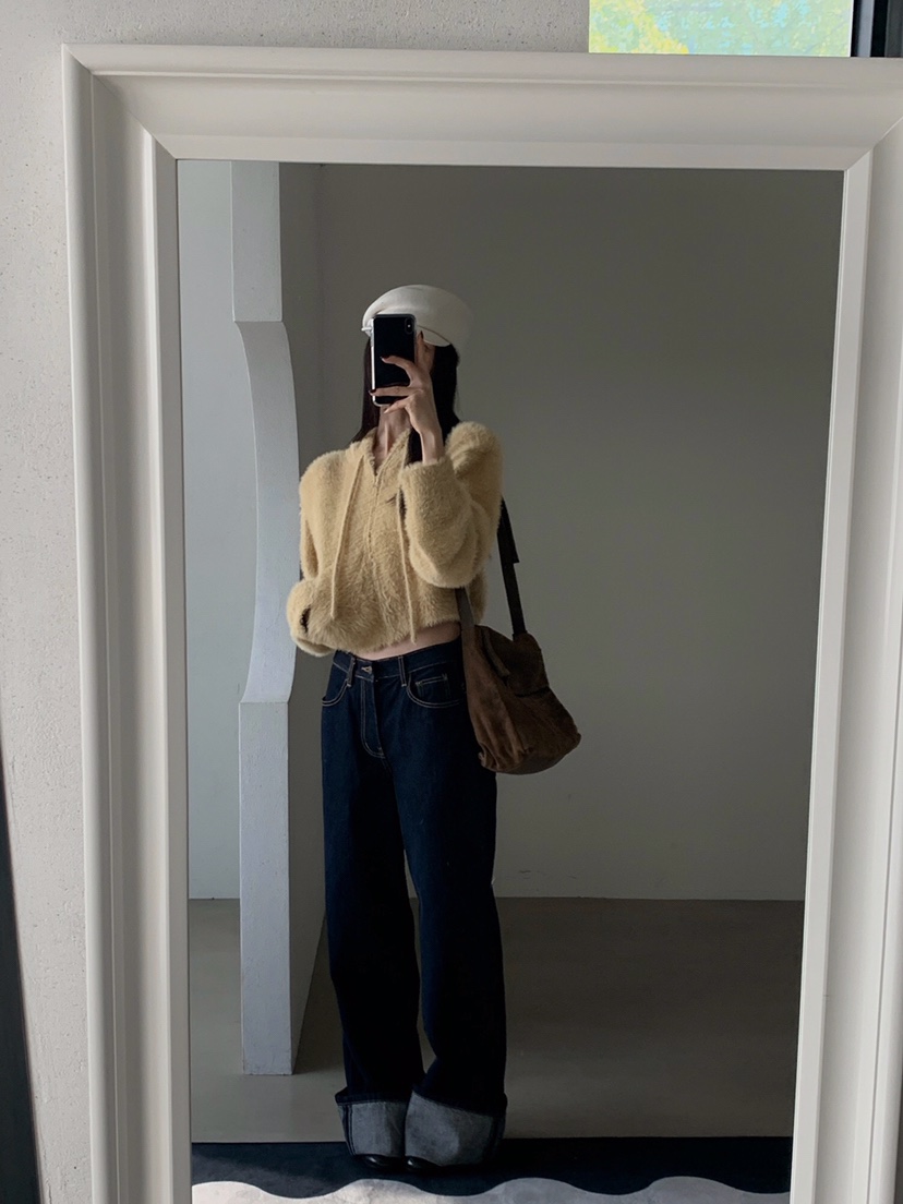 VERANDA韓國直郵㊣女士新品熱賣25秋冬針織衫連帽拉鏈衫貂皮VERANDA針織衫